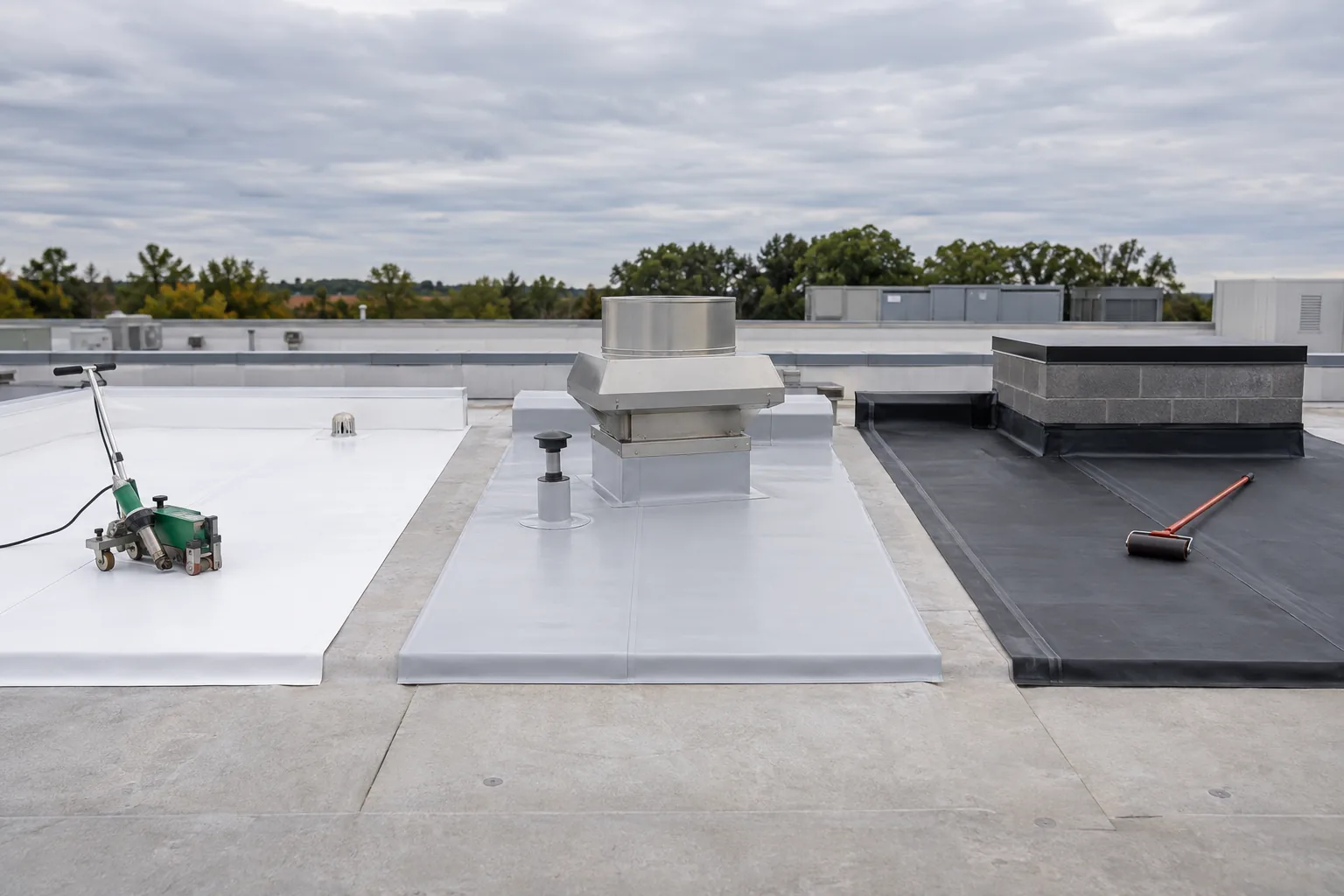 AI-generated editorial comparison of TPO, PVC, and EPDM roof membrane mockups for a Virginia building