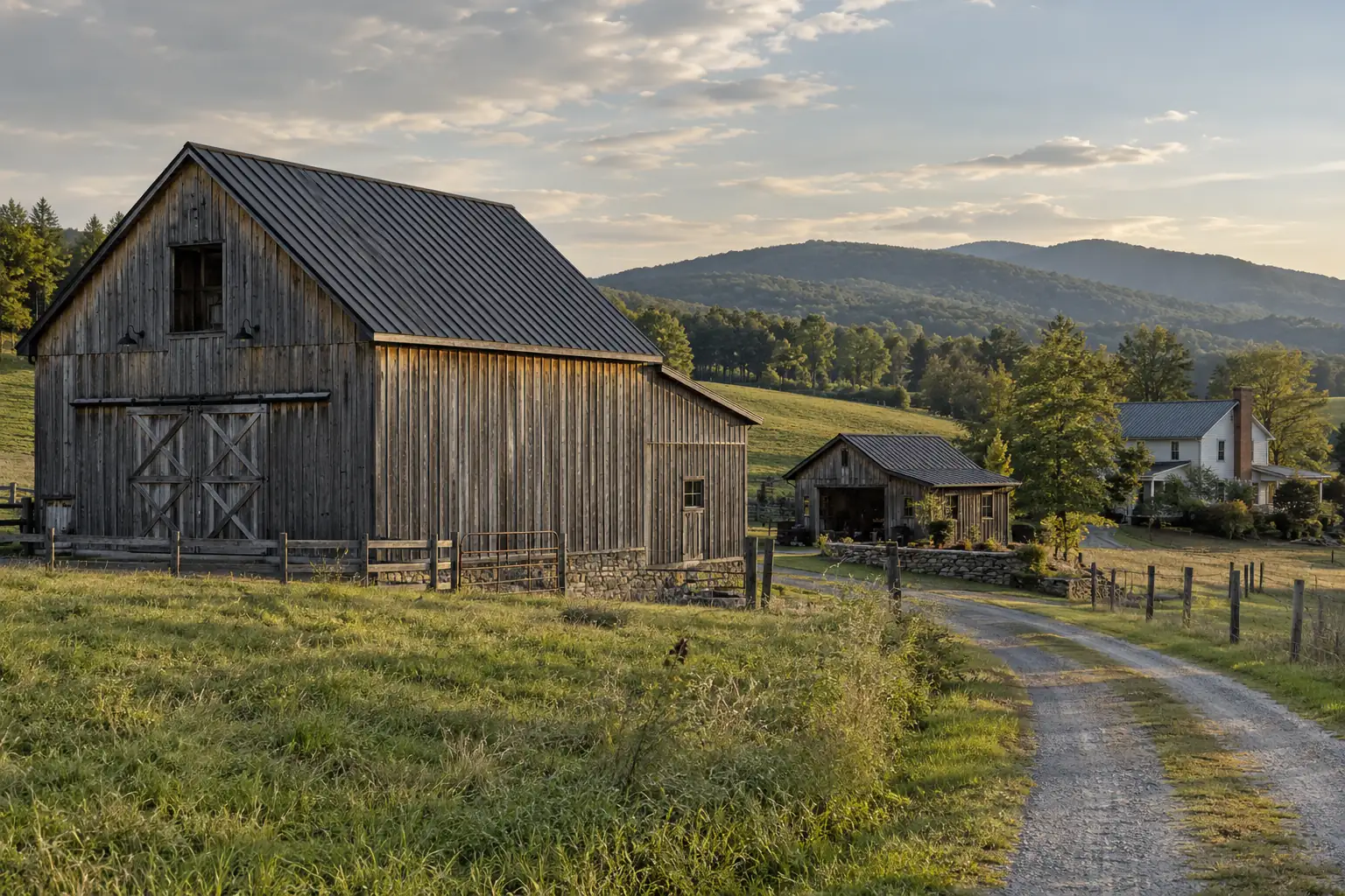 Western Loudoun roofing guide illustration of a rural barn and workshop with standing seam metal roofs beside pasture