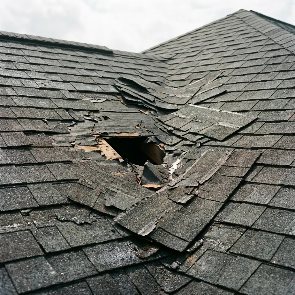 Illustration of damaged shingles for a roof storm damage response guide in Virginia