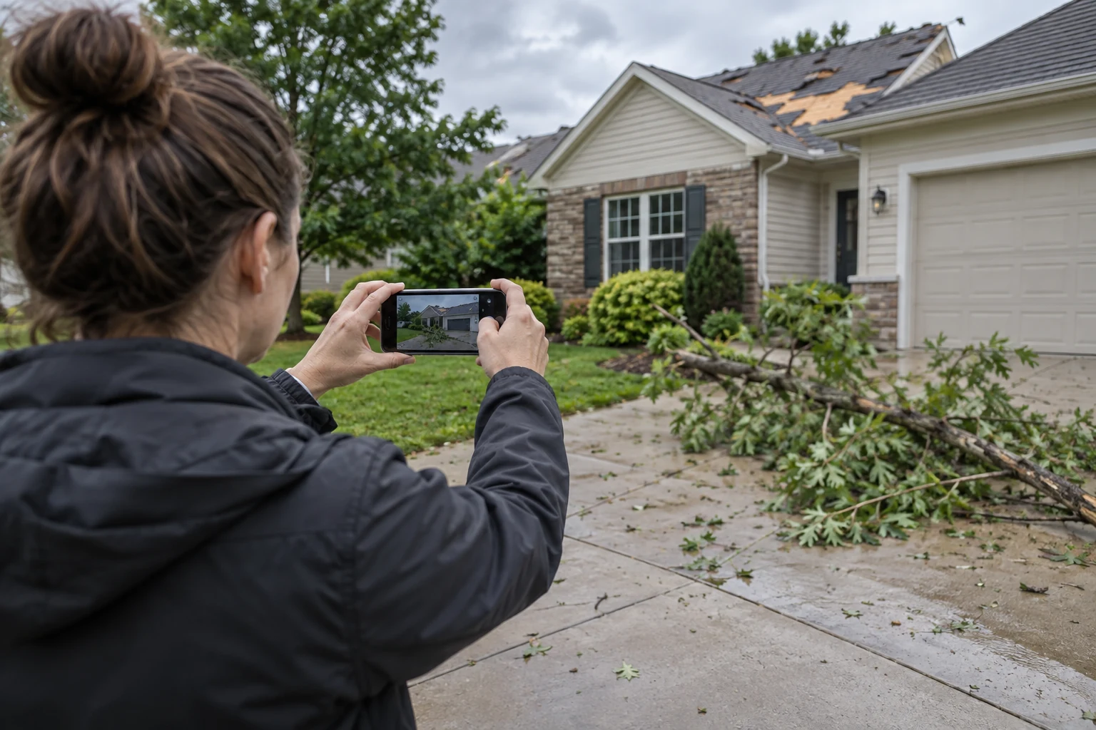 AI-generated editorial image: Homeowner documenting post-storm roof conditions from the driveway
