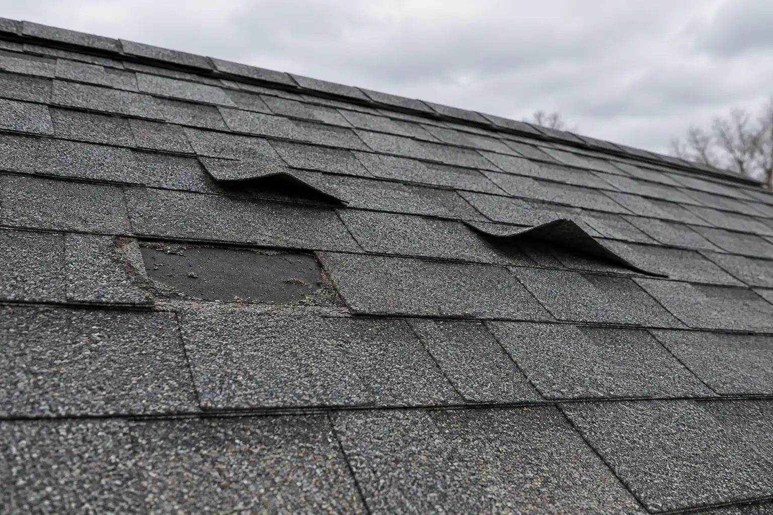 AI-generated editorial image: Creased and displaced asphalt shingle tabs after wind